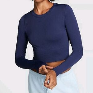 Victoria's Secret PINK Navy Ribbed Long Sleeve Cropped Top Size XLarge